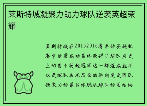 莱斯特城凝聚力助力球队逆袭英超荣耀